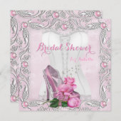 ブライダルシャワーピンクローズハイヒールレースダマスク2 招待状 (正面/裏面)