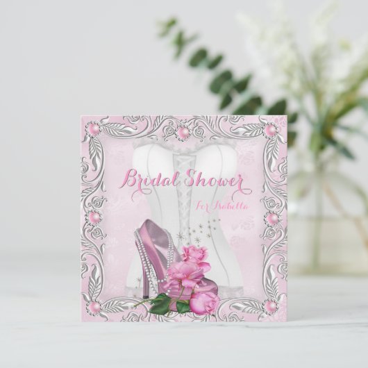 ブライダルシャワーピンクローズハイヒールレースダマスク2 招待状 (スタンド正面)