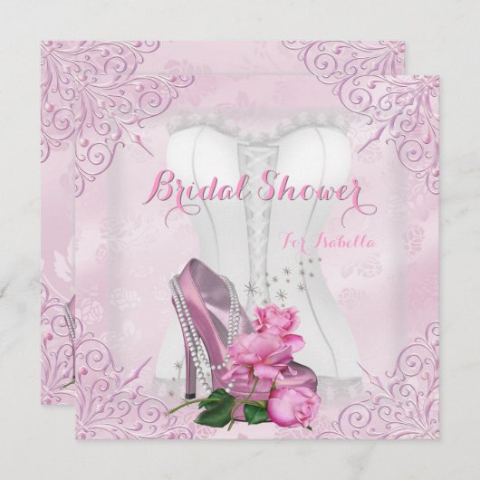 ブライダルシャワーピンクローズハイヒールレースダマスク 招待状 (正面/裏面)