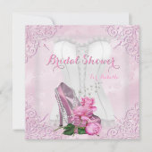 ブライダルシャワーピンクローズハイヒールレースダマスク 招待状 (正面)