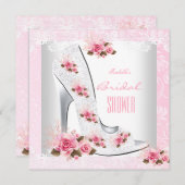 ブライダルシャワーピンクローズホワイトレースハイヒール 招待状 (正面/裏面)