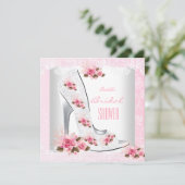 ブライダルシャワーピンクローズホワイトレースハイヒール 招待状 (スタンド正面)