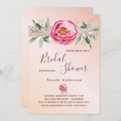 ブライダルシャワーピンクローズ金ゴールドフローラグラマラス 招待状 (正面/裏面)