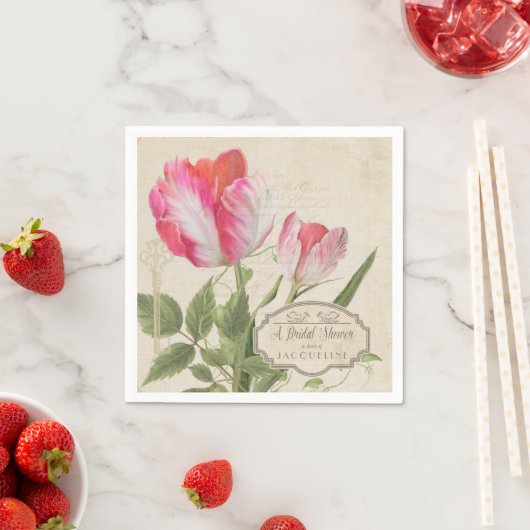ブライダルシャワーピンクヴィンテージスクリプトオウムチューリップアート スタンダードカクテルナプキン (インサイチュ)
