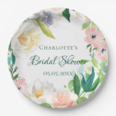 ブライダルシャワーピンク白花模様 ペーパープレート (正面)