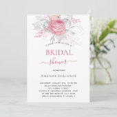 ブライダルシャワーピンク花模様エレガント銀白色 招待状 (スタンド正面)