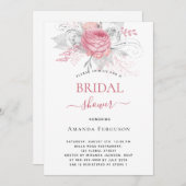 ブライダルシャワーピンク花模様エレガント銀白色 招待状 (正面/裏面)