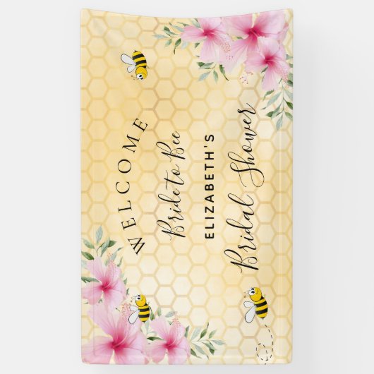 ブライダルシャワーピンク花模様ハニカムブライドへ 横断幕 (縦)