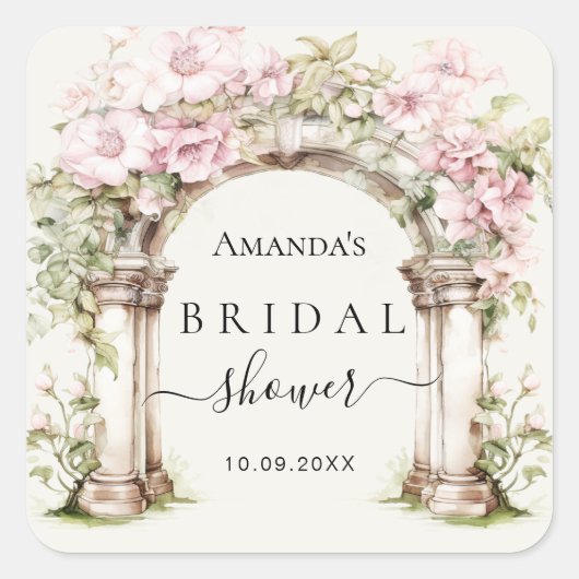 ブライダルシャワーピンク花模様大理石アーチ スクエアシール (正面)