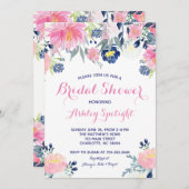 ブライダルシャワーピンク赤面ネイビーフローラ招待状 招待状 (正面/裏面)