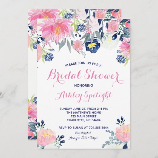 ブライダルシャワーピンク赤面ネイビーフローラ招待状 招待状 (正面/裏面)
