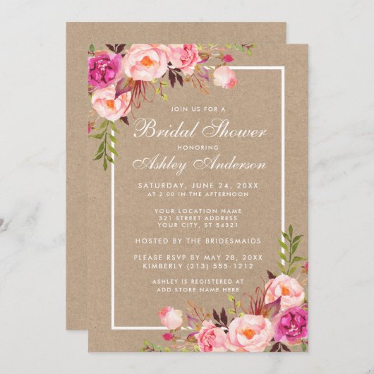 ブライダルシャワーピンク赤面フローラクラフト招待状 (正面/裏面)