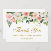 ブライダルシャワーピンク赤面フローラ感謝してい金ゴールド 招待状 (正面/裏面)