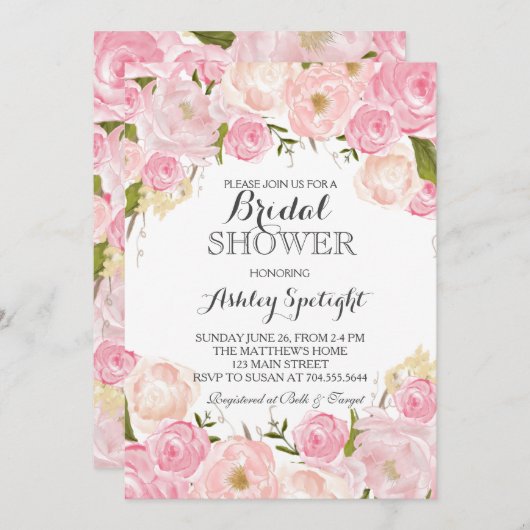 ブライダルシャワーピンク赤面フローラ招待状 招待状 (正面/裏面)
