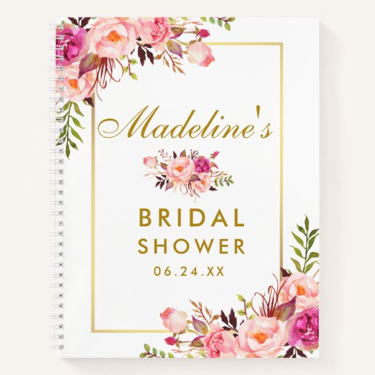 ブライダルシャワーピンク赤面フローラ金ゴールドギフトリスト ノートブック (正面)