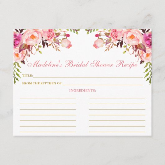 ブライダルシャワーピンク赤面フローラ金ゴールドレシピカード アドバイスカード (正面)