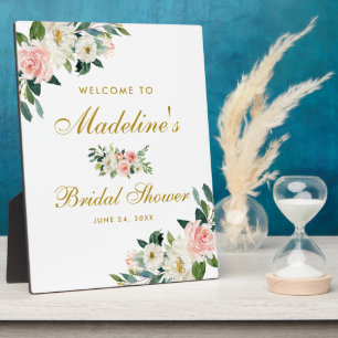 ブライダルシャワーピンク赤面金ゴールドフローラ歓迎 フォトプラーク