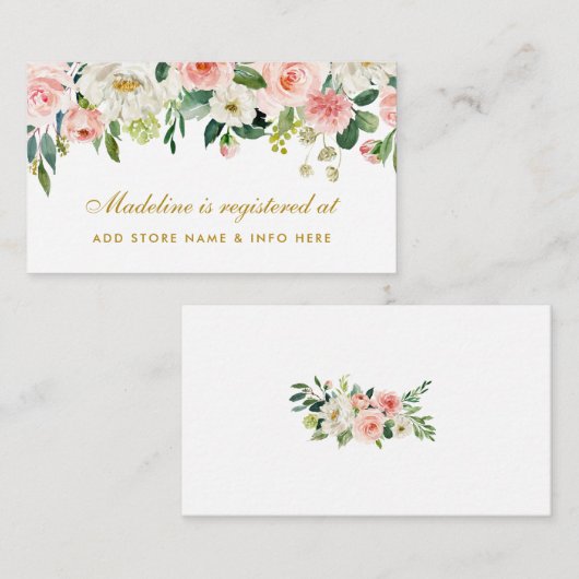 ブライダルシャワーピンク赤面金ゴールドレジストリ挿入カード エンクロージャーカード (正面/裏面)