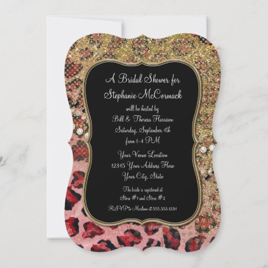 ブライダルシャワーピンク金ゴールドヒョウアニマルプリント 招待状 (裏面)