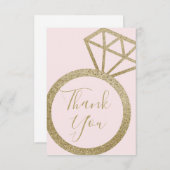 ブライダルシャワーピンク&金ゴールドグリッター婚約リングや輪 サンキューカード (正面/裏面)