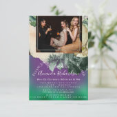 ブライダルシャワーフォトパープルフローラ誕生日緑 招待状 (スタンド正面)