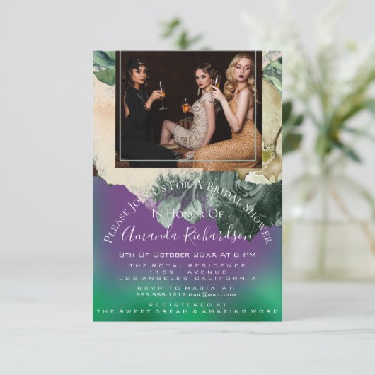 ブライダルシャワーフォトパープルフローラ誕生日緑 招待状 (スタンド正面)