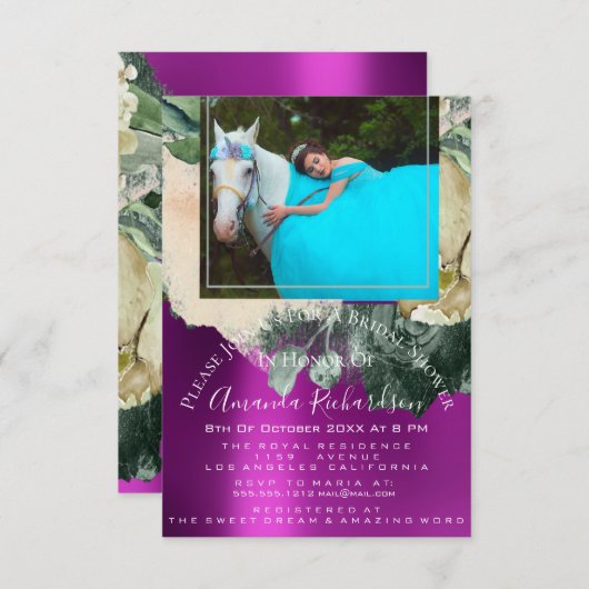 ブライダルシャワーフォトピンクフローラ誕生日ユニコーン 招待状 (正面/裏面)