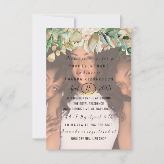 ブライダルシャワーフォトフラワーズ金ゴールドスパークリース 招待状 (正面)