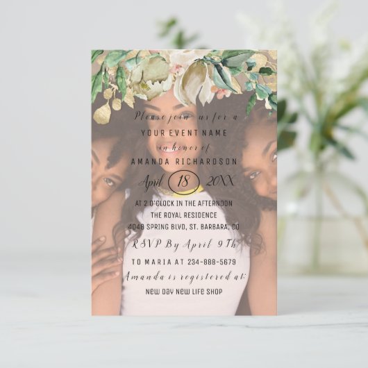 ブライダルシャワーフォトフラワーズ金ゴールドスパークリース 招待状 (スタンド正面)