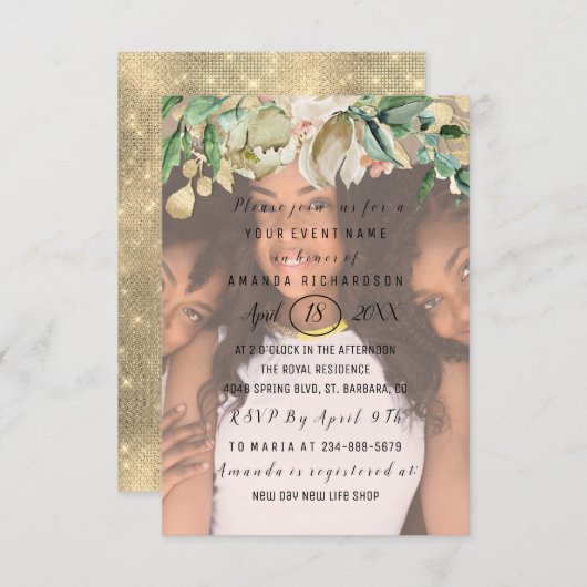 ブライダルシャワーフォトフラワーズ金ゴールドスパークリース 招待状 (正面/裏面)