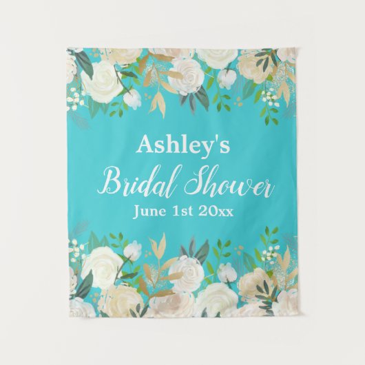 ブライダルシャワーフォトブース背景ブルー金ゴールドプロップ タペストリー (正面)