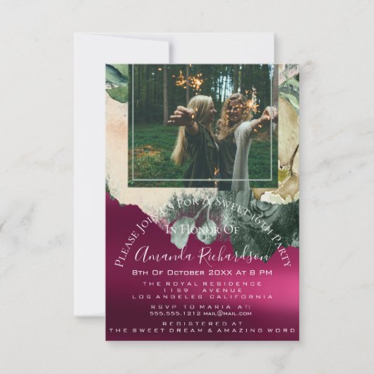 ブライダルシャワーフォトマルーンフローラ誕生日マルサラ 招待状 (正面)