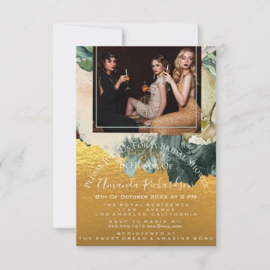 ブライダルシャワーフォトマルーンフローラ誕生日金ゴールド 招待状 (正面)