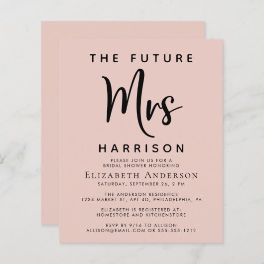 ブライダルシャワーフューチャーミセス赤面ピンク招待状 (正面/裏面)