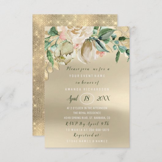 ブライダルシャワーフラワーブランチアイボリーグリーン金ゴールドバラ 招待状 (正面/裏面)