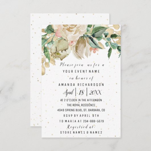 ブライダルシャワーフラワーブランチグリーナリーホワイトコンフェット 招待状 (正面/裏面)