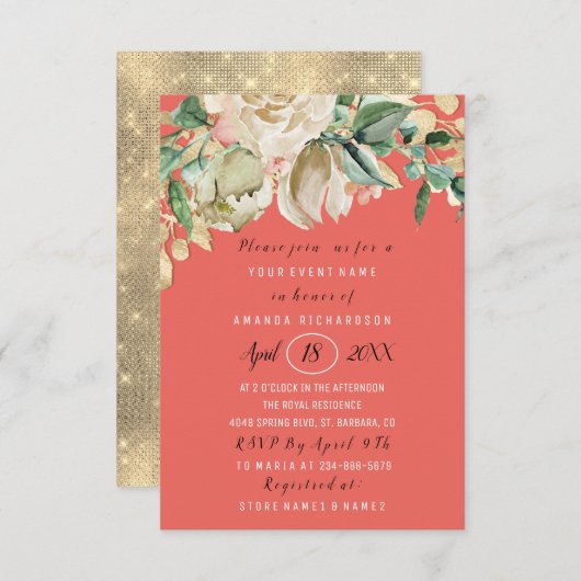 ブライダルシャワーフラワーブランチコーラルグリーンミントバラ 招待状 (正面/裏面)