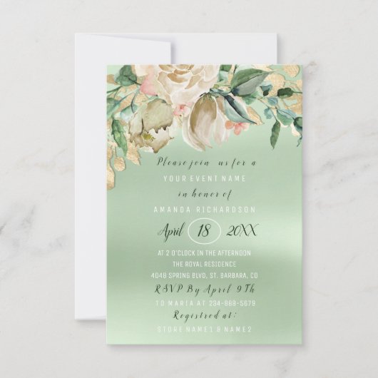 ブライダルシャワーフラワーブランチミントウォーターのカラー金ゴールド 招待状 (正面)