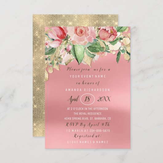 ブライダルシャワーフラワーブランチミントウォーターバラ 招待状 (正面/裏面)