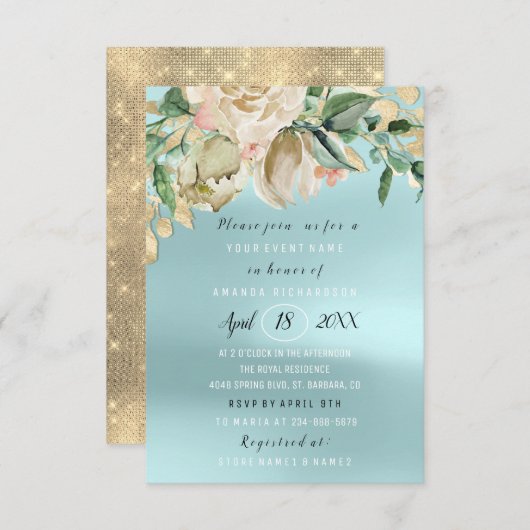 ブライダルシャワーフラワーブランチ火花金ゴールドブルー 招待状 (正面/裏面)