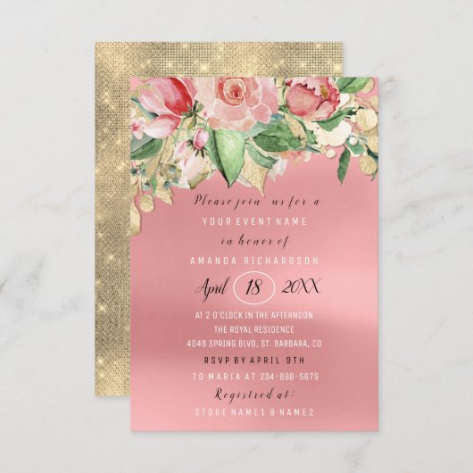 ブライダルシャワーフラワーブランチ緑のバラ金ゴールド 招待状 (正面/裏面)