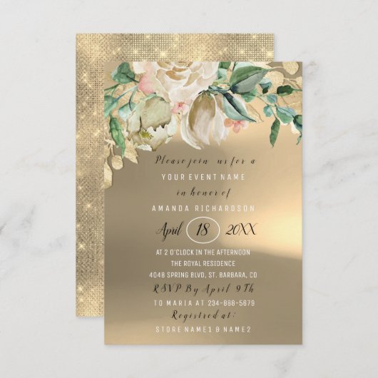 ブライダルシャワーフラワーブランチ緑金ゴールドバラ 素朴 招待状 (正面/裏面)