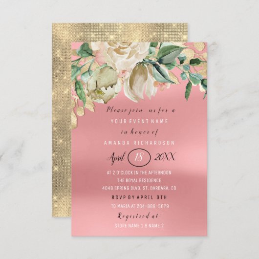 ブライダルシャワーフラワーブランチ金ゴールドピンク 招待状 (正面/裏面)