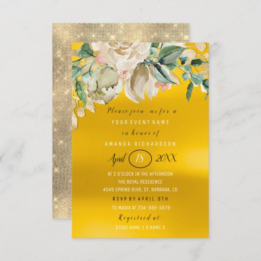 ブライダルシャワーフラワーブランチ金ゴールドレモン 招待状 (正面/裏面)