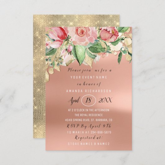 ブライダルシャワーフラワーブルンチグリーン金ゴールドバラ赤面 招待状 (正面/裏面)