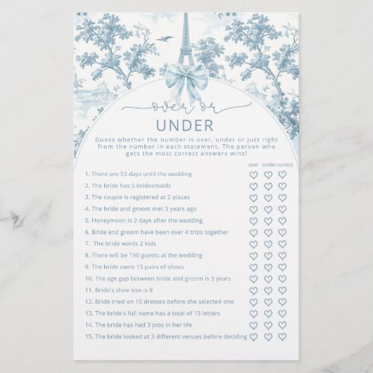 ブライダルシャワーフランスのゲームの上または下 (正面)