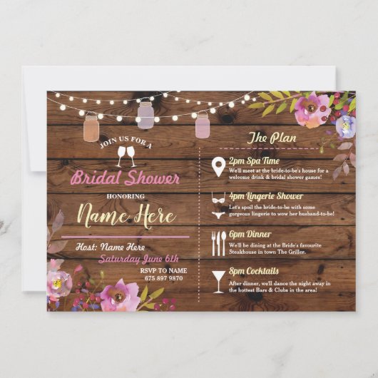 ブライダルシャワーフローラウッドジャーズピンク旅程 招待状 (正面)