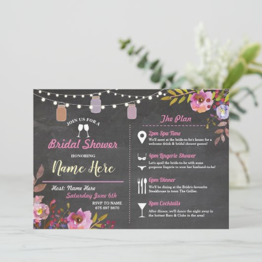 ブライダルシャワーフローラチョークジャーズピンク旅程 招待状 (スタンド正面)