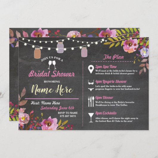 ブライダルシャワーフローラチョークジャーズピンク旅程 招待状 (正面/裏面)