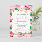 ブライダルシャワーフローラバラグリーンピンクストライプ 招待状 (スタンド正面)